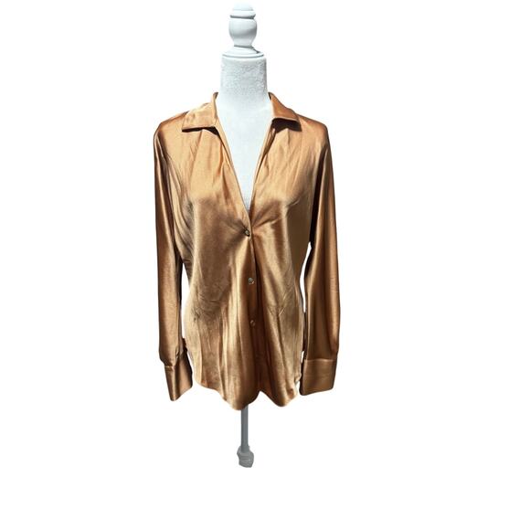 Vince 100% Silk Button-Front Bias Long Sleeve Shirt in "Nectarine"/Bronze Size L - Picture 2 of 8